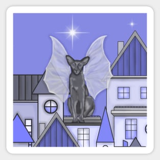 Winged cat. Dragon wings.Night city.Purple Sticker